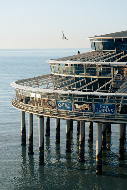 Vertical fine art architectural photograph of Scheveningen Pier over the North Sea in Netherlands by Basile Tournier